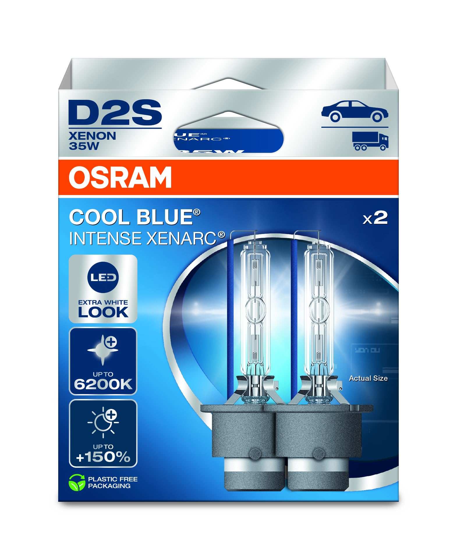 OSRAM XENARC COOL BLUE INTENSE D1S, +150% more brightness, up to 6,200K, xenon headlight lamp, LED look, Hanging folding box (2 lamps)