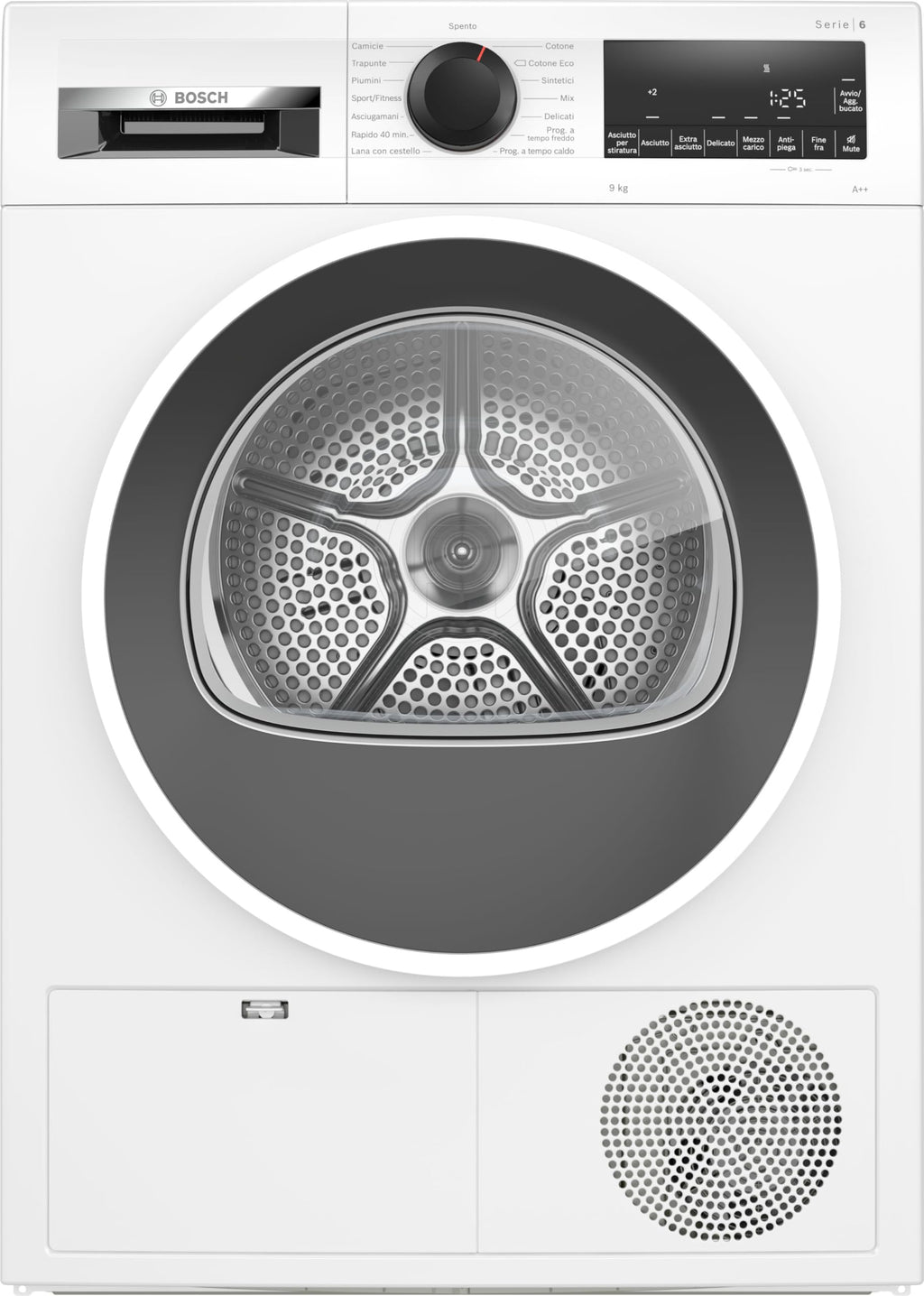 Bosch WQG24108IT Serie 6, Asciugatrice a pompa di calore, capacità 9 kg, EasyClean: i filtri per la lanugine, Cestello Lana, Mezzo carico, Programma Rapido