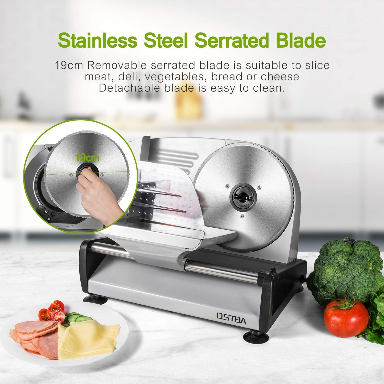 Ostba SL518 Affettatrice Elettrica Professionale da Casa, Diametro 19 cm, 150 W, Acciaio Inossidabile, Spessore Max 15 mm, Blocco di sicurezza, Multifunzione, Universale, Argento