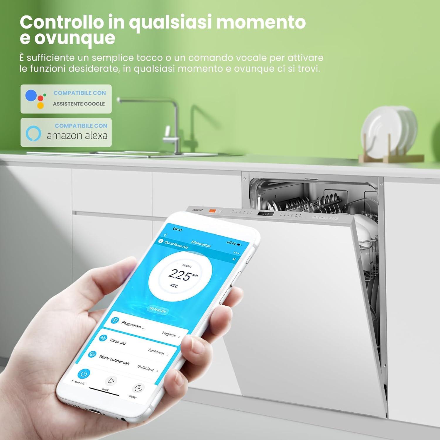 COMFEE' CDWEB914S-W Lavastoviglie da Incasso con 10 coperti, 8 Programmi, di avviamento ritardato, Funzione di Mezzo Carico, cloud wash, Asciugatura Extra - Inox
