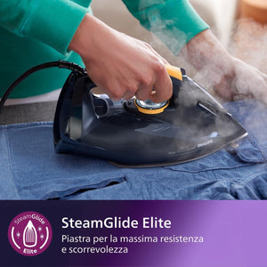 Philips Azur Serie 7000 Ferro da stiro a vapore - 3000 W, Vapore Continuo 55g/min, Colpo vapore da 250 g, vapore verticale, piastra SteamGlide Elite, Blu/Giallo (DST7060/20)