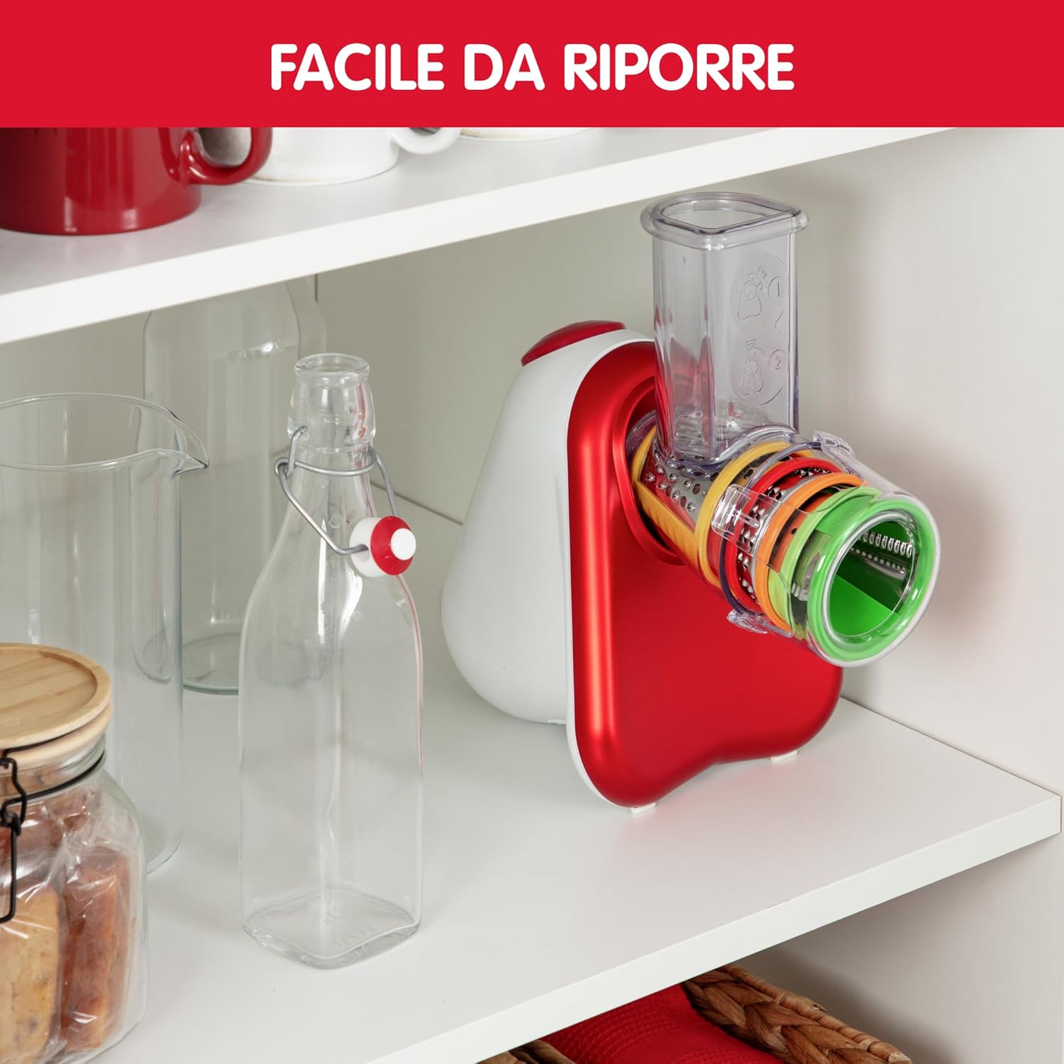 Moulinex DJ755G10 Fresh Express Plus Affettatutto Grattugia Elettrico, 5 Funzioni di Taglio, 200 W, 1 L, 1 Decibel, Plastica, Rosso