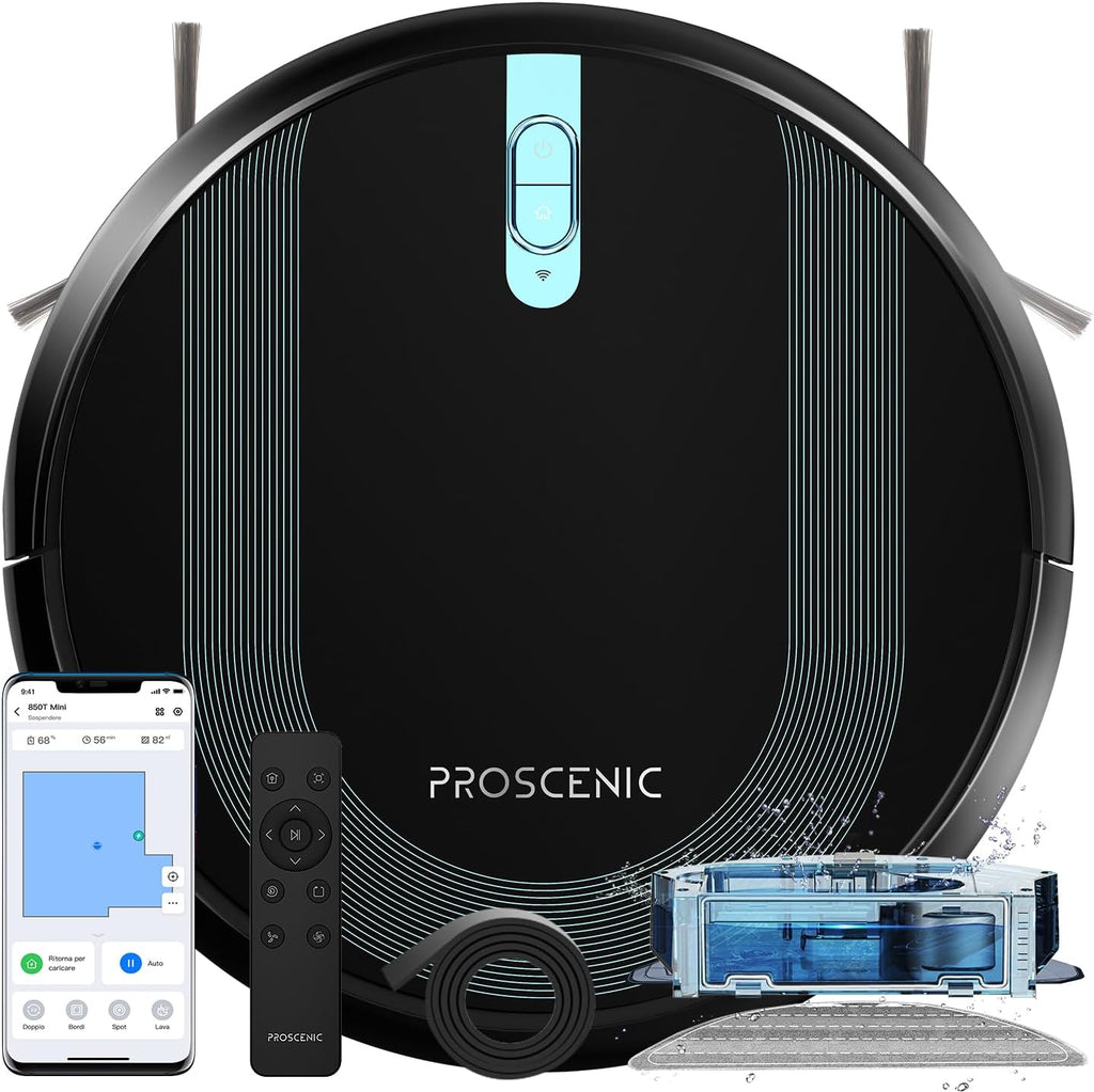 Proscenic 850T Robot Aspirapolvere Lavapavimenti, Aspirazione Potenza 3000Pa Controllo Siri & IFTTT & APP & Alexa, Serbatoio Acqua Elettrico 2-In-1 per Pulizia Domestica/Capelli/Polvere/Lavapavimenti