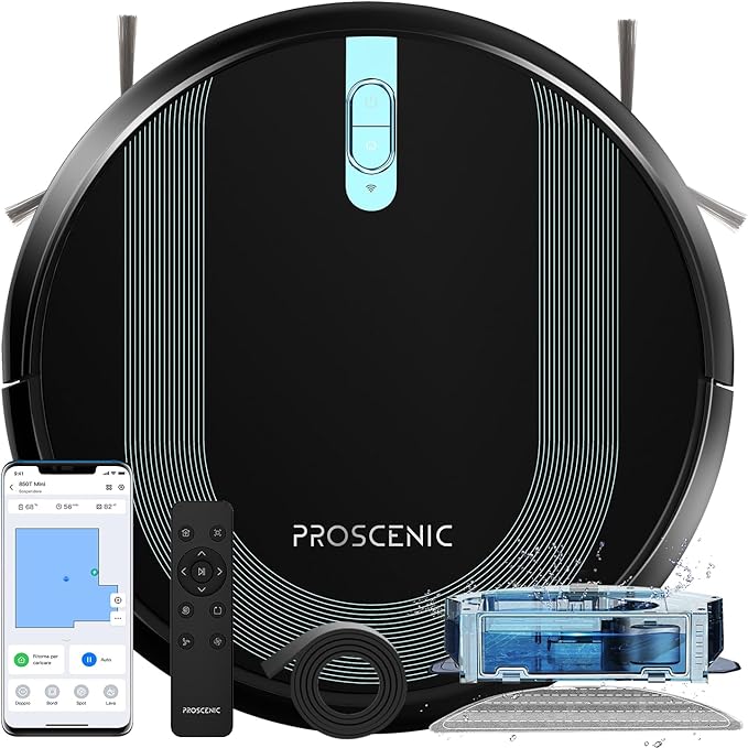 Proscenic 850T Robot Aspirapolvere Lavapavimenti, Aspirazione Potenza 3000Pa Controllo Siri & IFTTT & APP & Alexa, Serbatoio Acqua Elettrico 2-In-1 per Pulizia Domestica/Capelli/Polvere/Lavapavimenti
