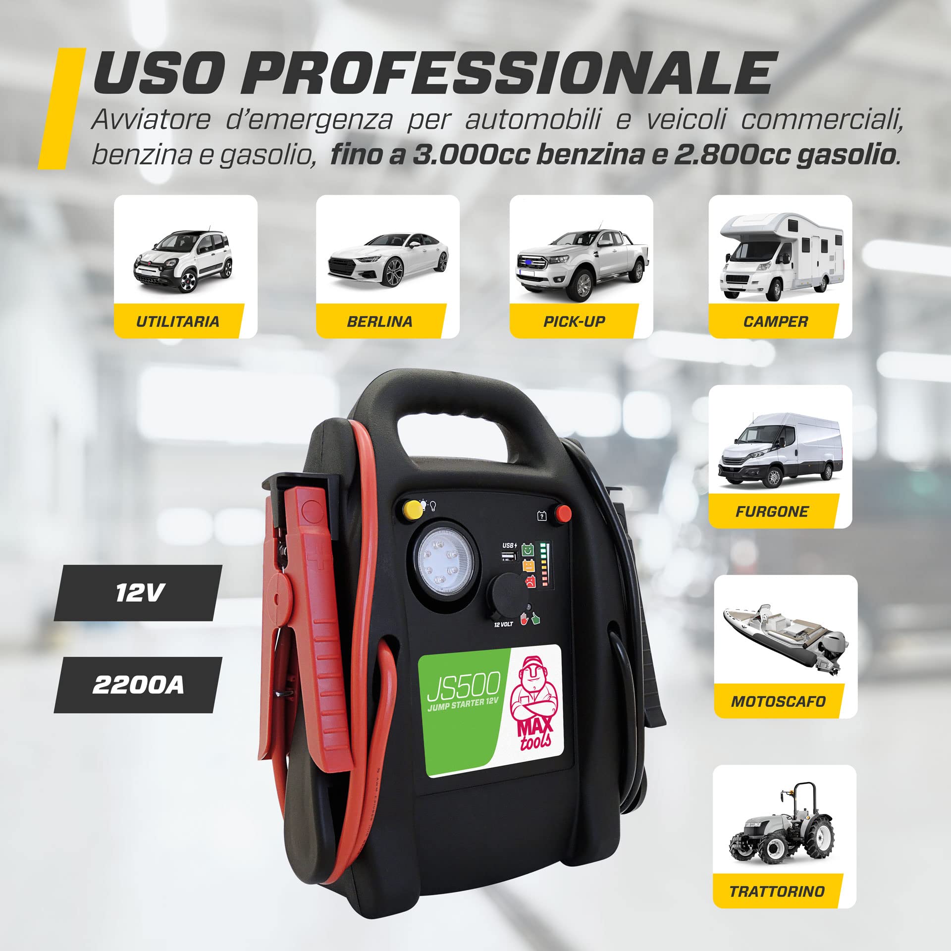 MAXTOOLS JSL400 Avviamento d’Emergenza Professionale per Automobile 2400 A per Veicoli Diesel e a Benzina di Grandi Dimensioni, Potente e Sicuro a 12 V, Batteria al Litio Esterna con USB