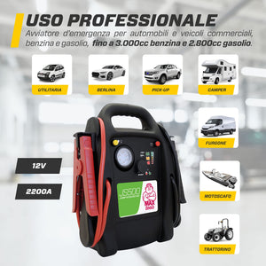 MAXTOOLS JSL400 Avviamento d’Emergenza Professionale per Automobile 2400 A per Veicoli Diesel e a Benzina di Grandi Dimensioni, Potente e Sicuro a 12 V, Batteria al Litio Esterna con USB