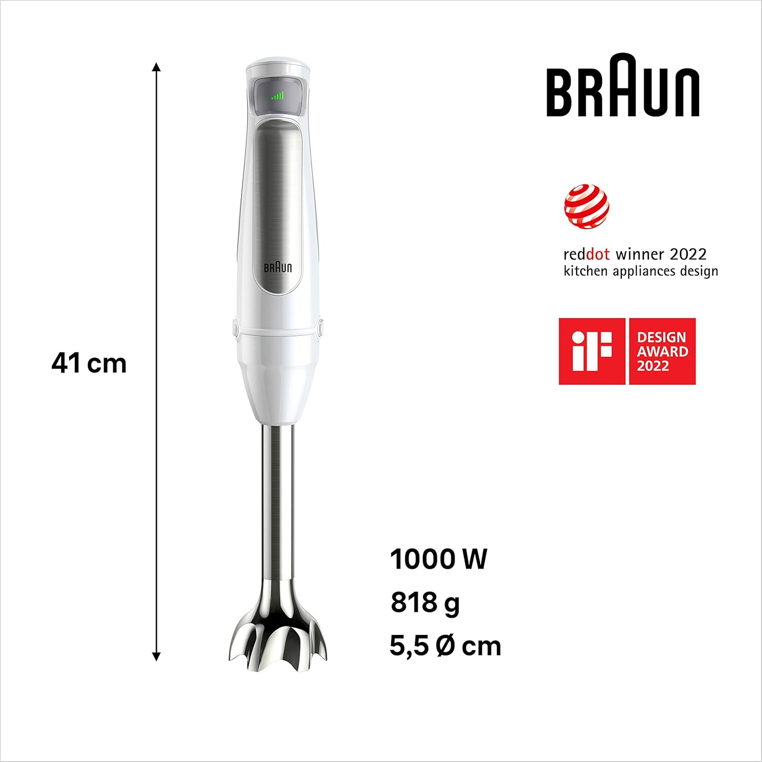 Braun MultiQuick7 MQ7035I, 5 ANNI DI ASSISTENZA, Potenza 1000W, Frullatore a immersione, Tecnologia Splash Control, Frusta a Filo in Acciaio, Tritatutto da 500ml, Bicchiere senza BPA 600ml, Bianco
