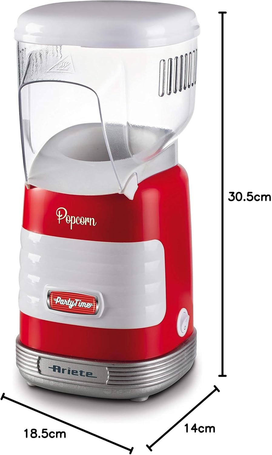 Ariete 2956, Pop Corn Party Time, Macchina per Pop Corn, Scoppia 60gr di Mais per Pop Corn in 2 minuti con Aria Calda, Senza Grassi, 1000 Watt, Rosso
