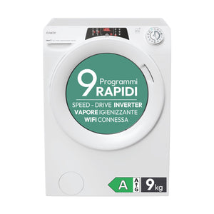 Candy RapidÓ Lavatrice 9 Kg, Libera Installazione, Carica Frontale, Classe A, 1200 Giri, 9 Programmi Rapidi, Funzione Vapore, Wi-Fi + BLE e App hOn, 60 x 53 x 85 cm, Bianca - RO 1294DWMT/1-S