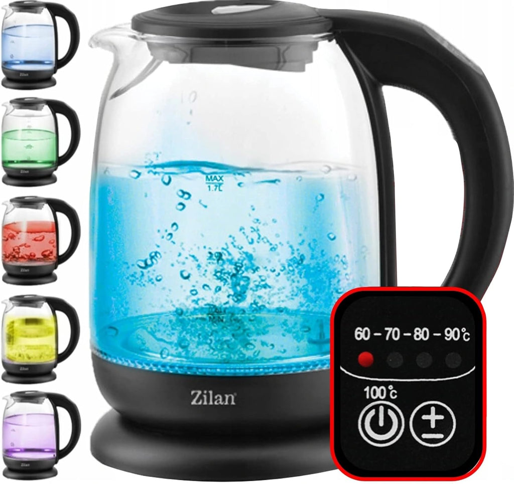 Zilan, Bollitore con corpo in vetro borosilicato alto, Spegnimento automatico con Led con Diversi Colori dei LED, 1,7Lt, 5 diverse impostazioni di temperatura, Bollitore cordless 360° , 2200W,