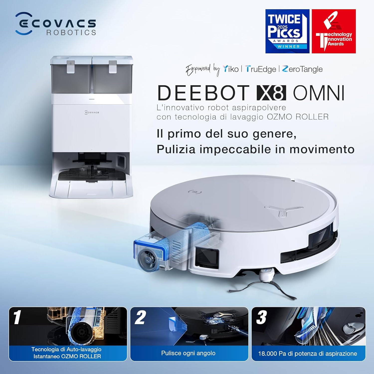 ECOVACS DEEBOT X8 OMNI Robot Aspirapolvere Lavapavimenti con Stazione Auto-Pulente, 18000Pa, Spazzola OZMO ROLLER Auto-Lavaggio Mocio Istantaneo con Acqua Calda a 75℃, Asciugatura Aria Calda, Bianco