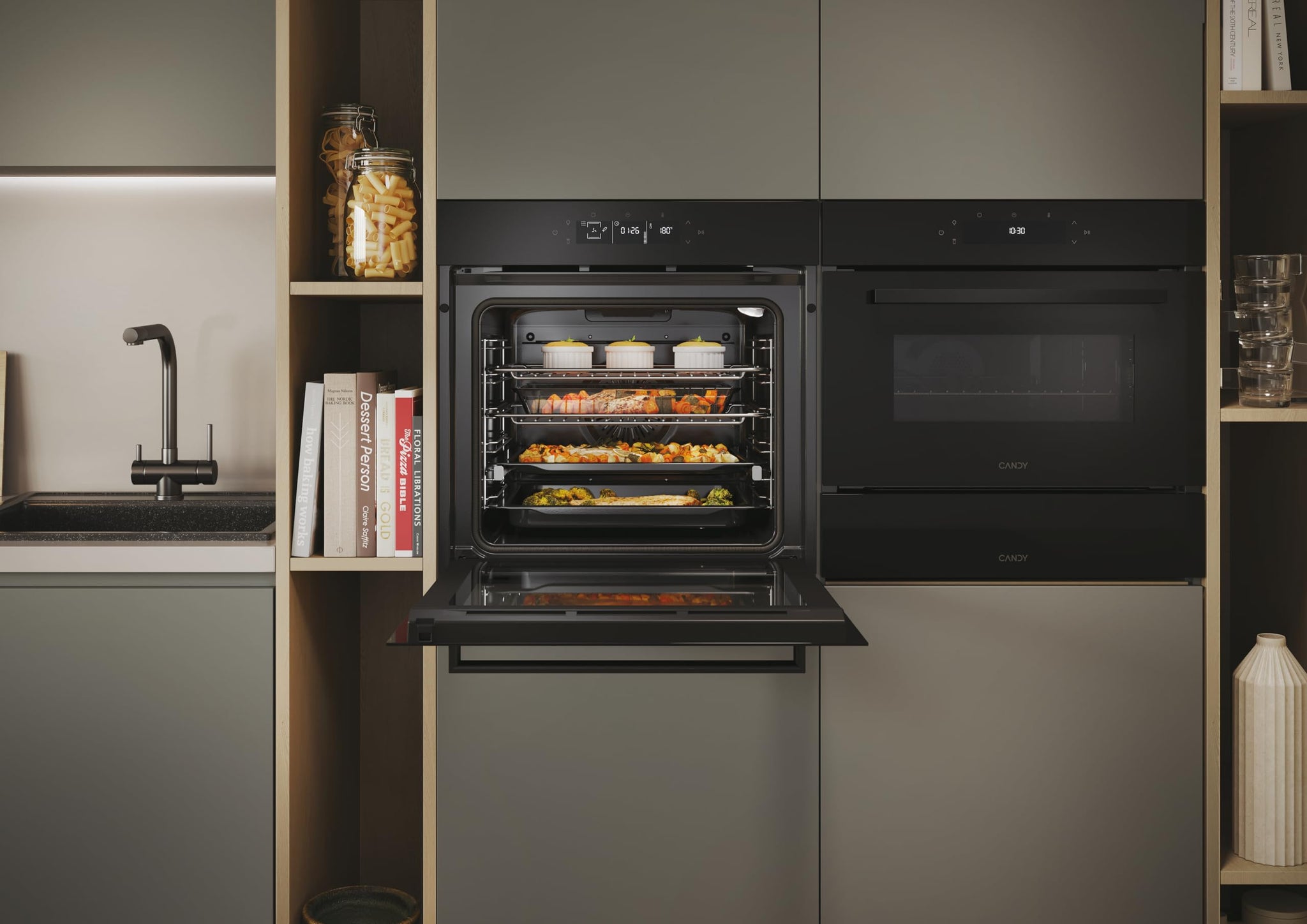 CANDY CA6 N5G3YTB Forno multifunzione da incasso, pirolisi, calore pulsato, classe A++, 78 litri, connettività Wi-Fi, 2 lecchefritte + 2 griglie + 1 coppia di guide telescopiche, chiusura morbida