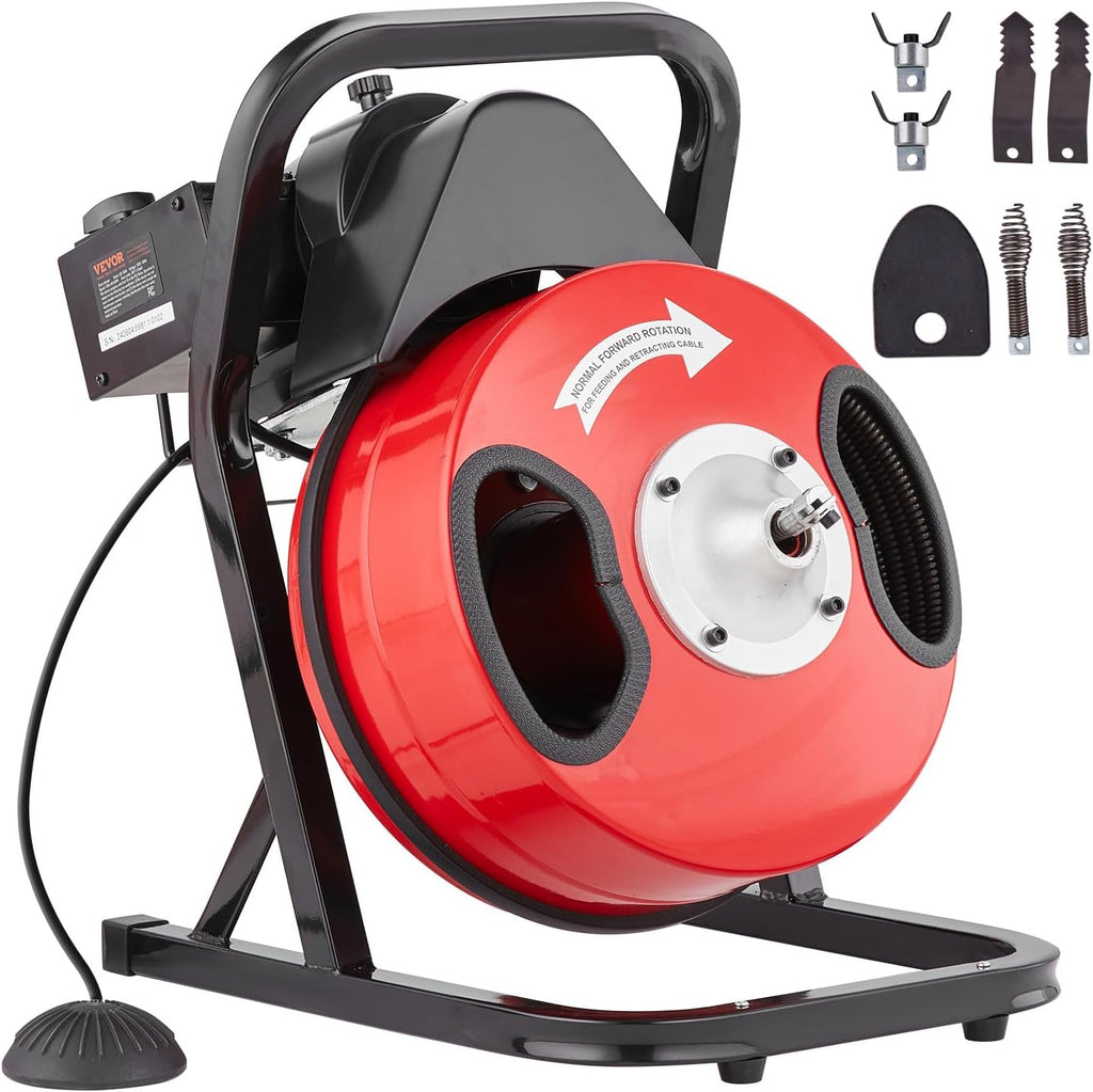 VEVOR Sturatubi Elettrico 12m x 1,27cm Macchina per Pulizia Tubi Alimentazione Manuale Pulitore per Tubi di Scarico con 4 Taglienti, Sturatubi Azionamento ad Aria a Pedale per Tubi da 5-10 cm