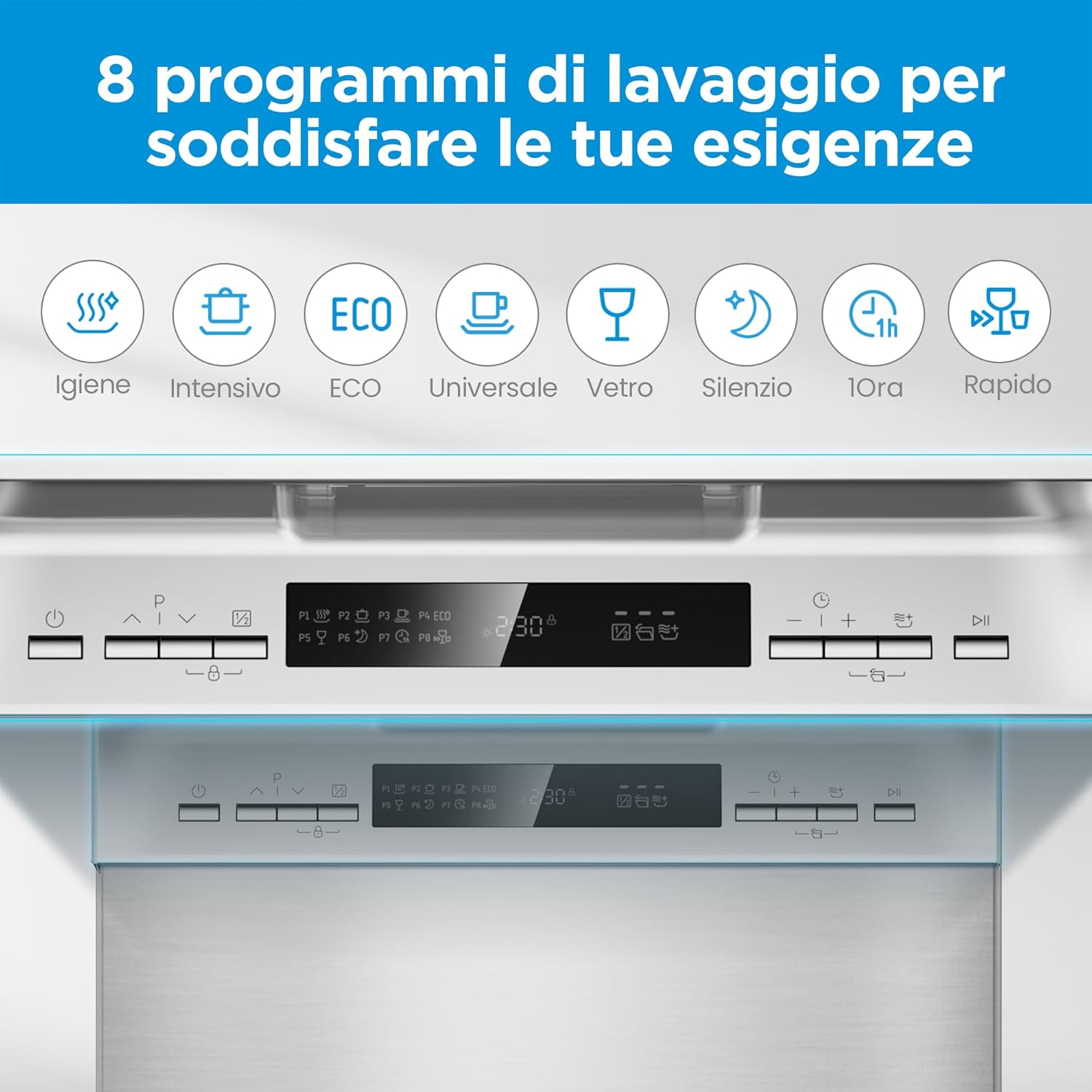Midea MFD45S200X.1-IT Lavastoviglie Libera Installazione con 10 coperti, 8 Programmi, Display a LED, Partenza Ritardata, Funzione di Mezzo Carico, Asciugatura Extra - Inox