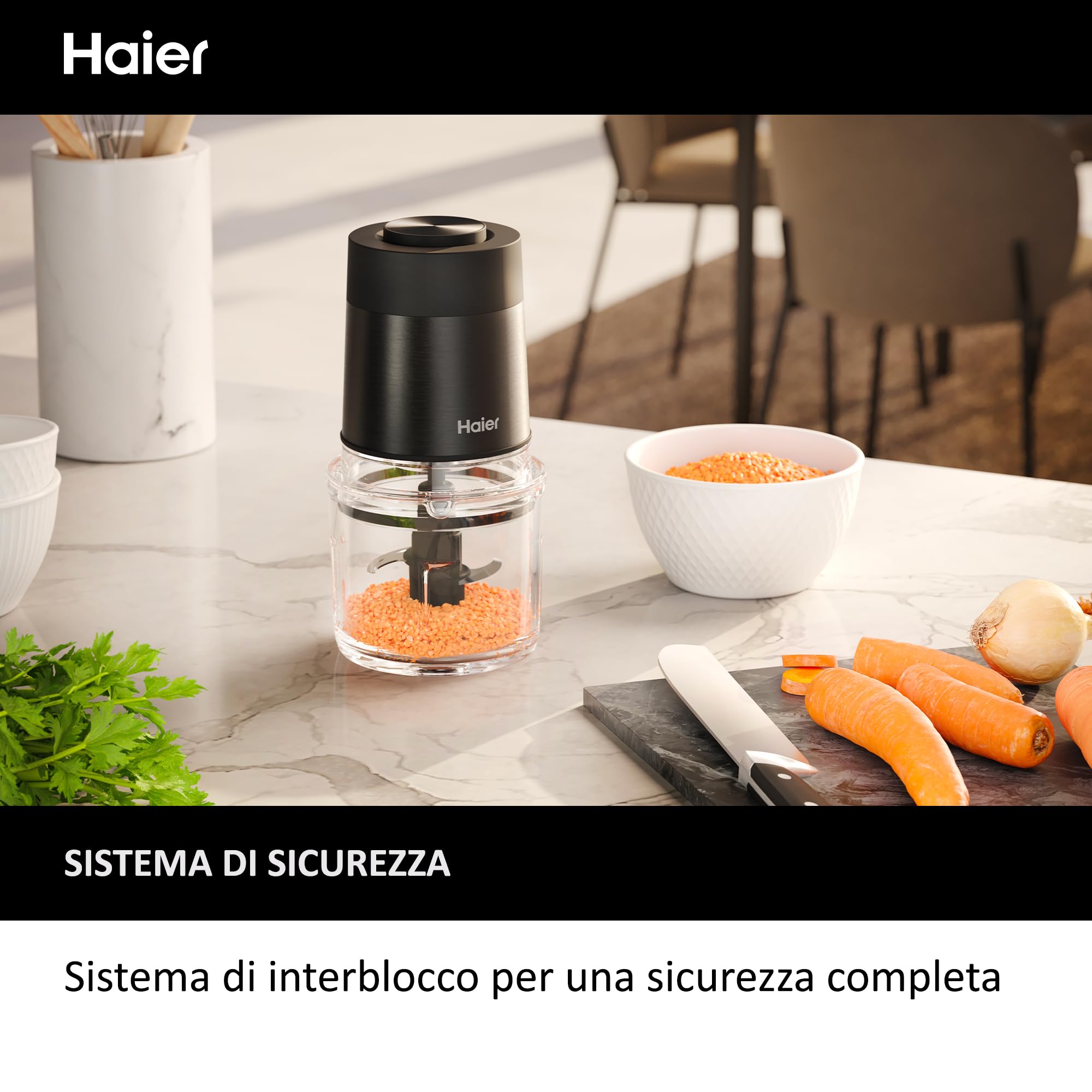 Haier Tritatutto I-Master Series 5, Elettrico 550 W, 2 Velocità, Tritaverdure, Base Antiscivolo, Ciotola in Vetro da 0,5 L, Nero [HCH5B1]
