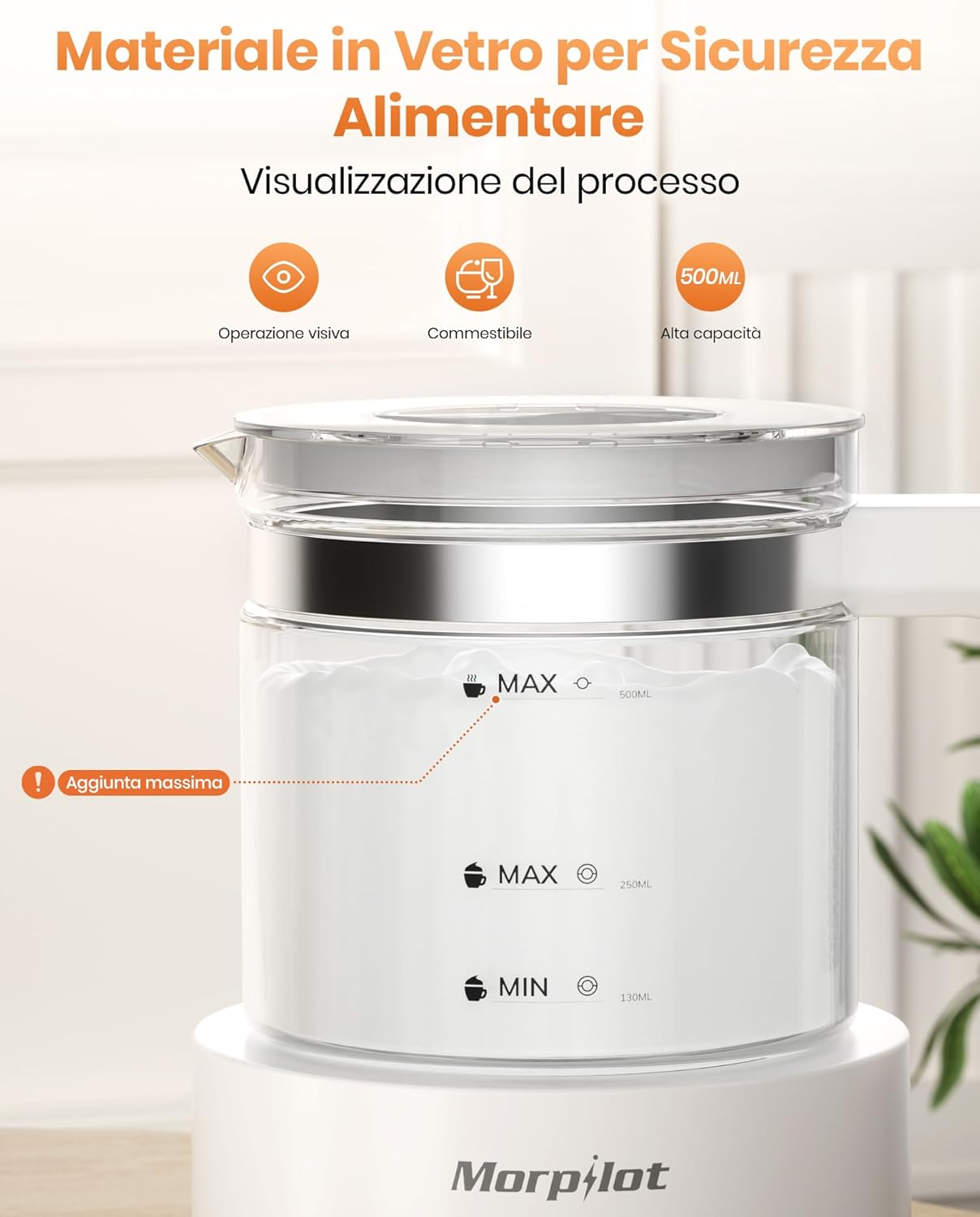 Morpilot Montalatte Elettrico, Montalatte Elettrico in Vetro, 4 in 1 Funzione, Grande Capacità 500 ml, Design Diviso, Adatto per Caffè, Latte Caldo, Cappuccino, Macchiato,ecc.
