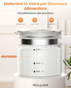 Morpilot Montalatte Elettrico, Montalatte Elettrico in Vetro, 4 in 1 Funzione, Grande Capacità 500 ml, Design Diviso, Adatto per Caffè, Latte Caldo, Cappuccino, Macchiato,ecc.