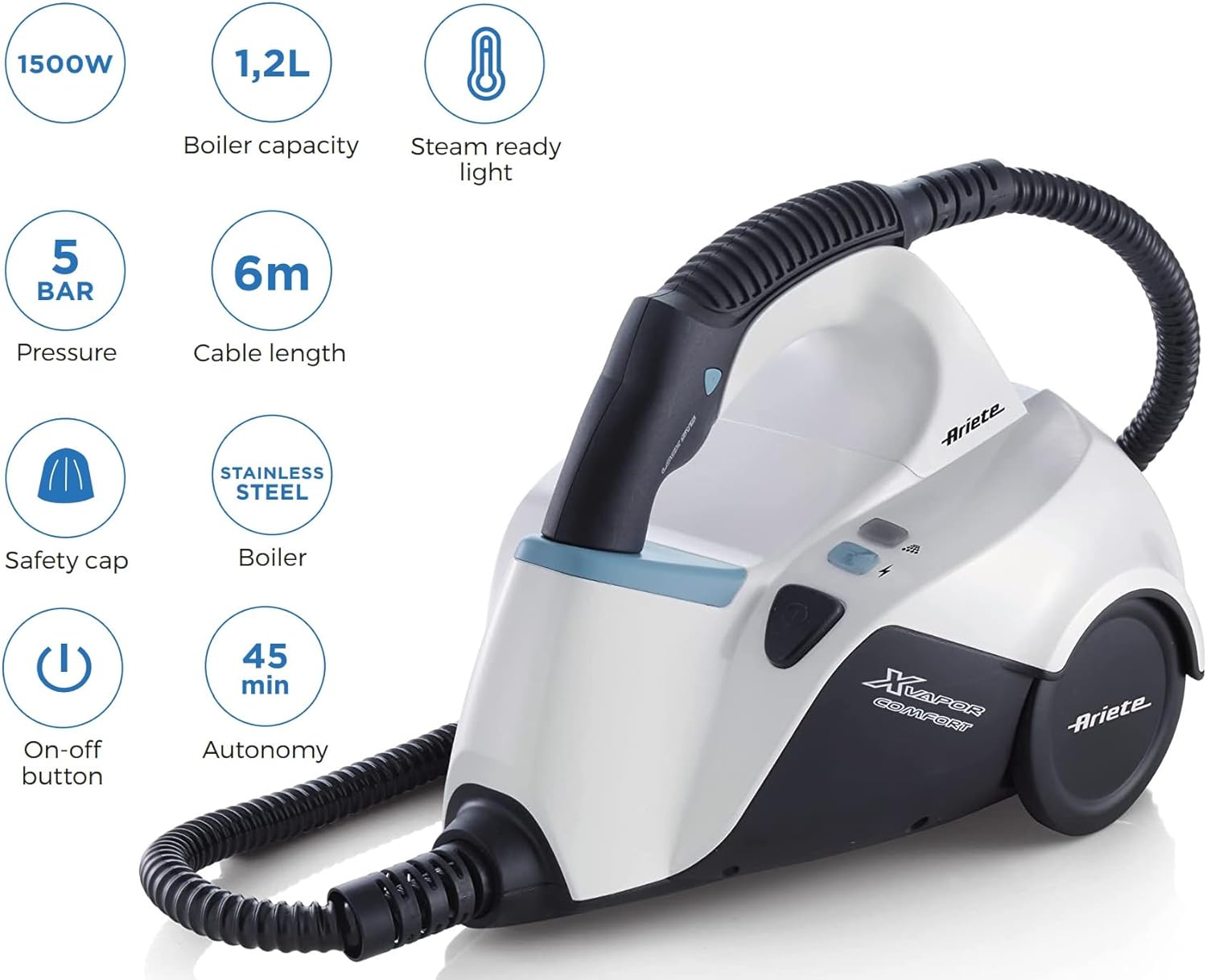Ariete 4145 X Vapor Comfort - Pulitore vapore a traino, 1500 watt, 5 bar, Autonomia vapore continuo 45', Cavo 6mt, Bianco