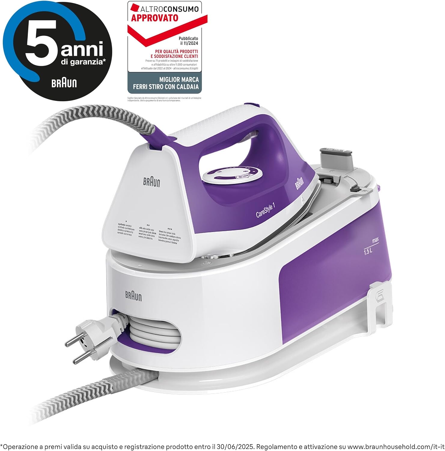 Braun Carestyle1 IS1014VI, Ferro Generatore Di Vapore Con 5 Anni Di Assistenza, Carica Continua, Termostato Regolabile, Tanica 1,5L, AUTOSPEGNIMENTO, Colpo vapore 360g/min, Sistema Sicurezza, Viola