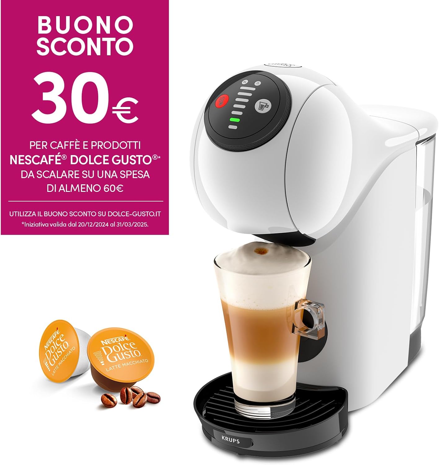 NESCAFÉ DOLCE GUSTO Krups Genio S, Macchina per Caffè Espresso e Altre bevande in capsula, Automatica, Bianco