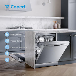 Midea MFD60S121X-IT Lavastoviglie Libera Installazione con 12 coperti, 6 Programmi, Partenza Ritardata, Funzione di Mezzo Carico, 60 cm - Inox