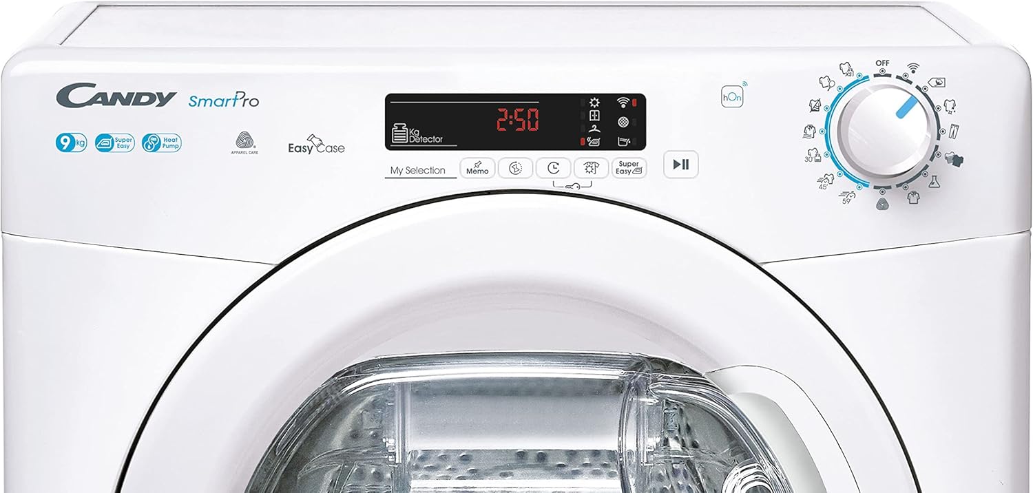 Candy Smart Pro Asciugatrice 9 Kg a Pompa di Calore, Libera Installazione, Classe A++, Connessione Wi-Fi + BLE, Controllo da App, Snap & Dry, 59,6 x 58,5 x 85 cm, Bianca - CSOE H9A2DE-S