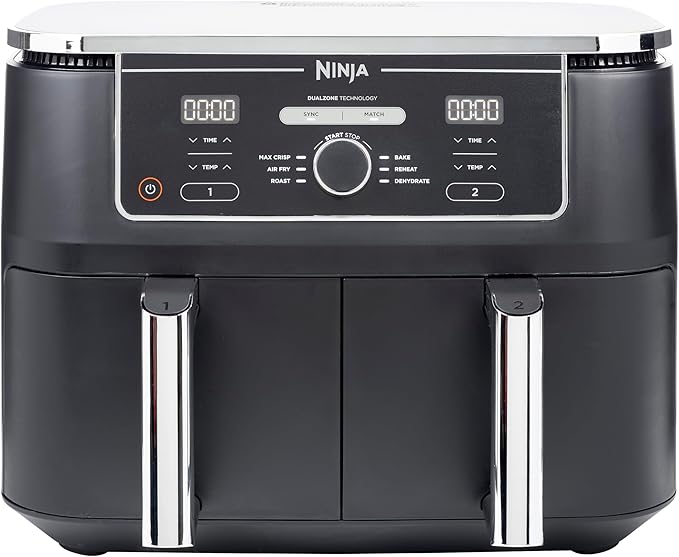 Ninja Foodi Max Dual Zone Friggitrice ad Aria digitale, 2 Cestelli Antiaderenti, 9.5L, 6 in 1, Massima Croccantezza, Frigge Senza Olio, Arrostisce, Cottura Forno, Disidrata, 8 Porzioni, Nero, AF400EU