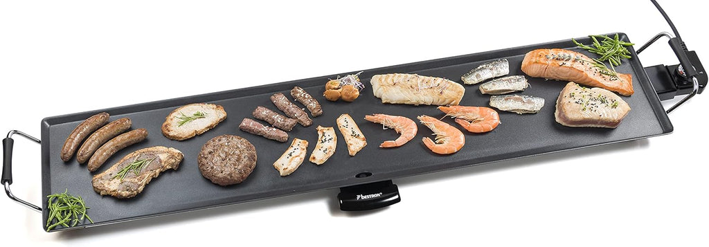 Bestron Piastra elettrica per grigliare, XXXL Plancha piastra con rivestimento antiaderente, divertimento alla griglia per un massimo di 10 persone, superficie di cottura extra-lunga, colore: nero
