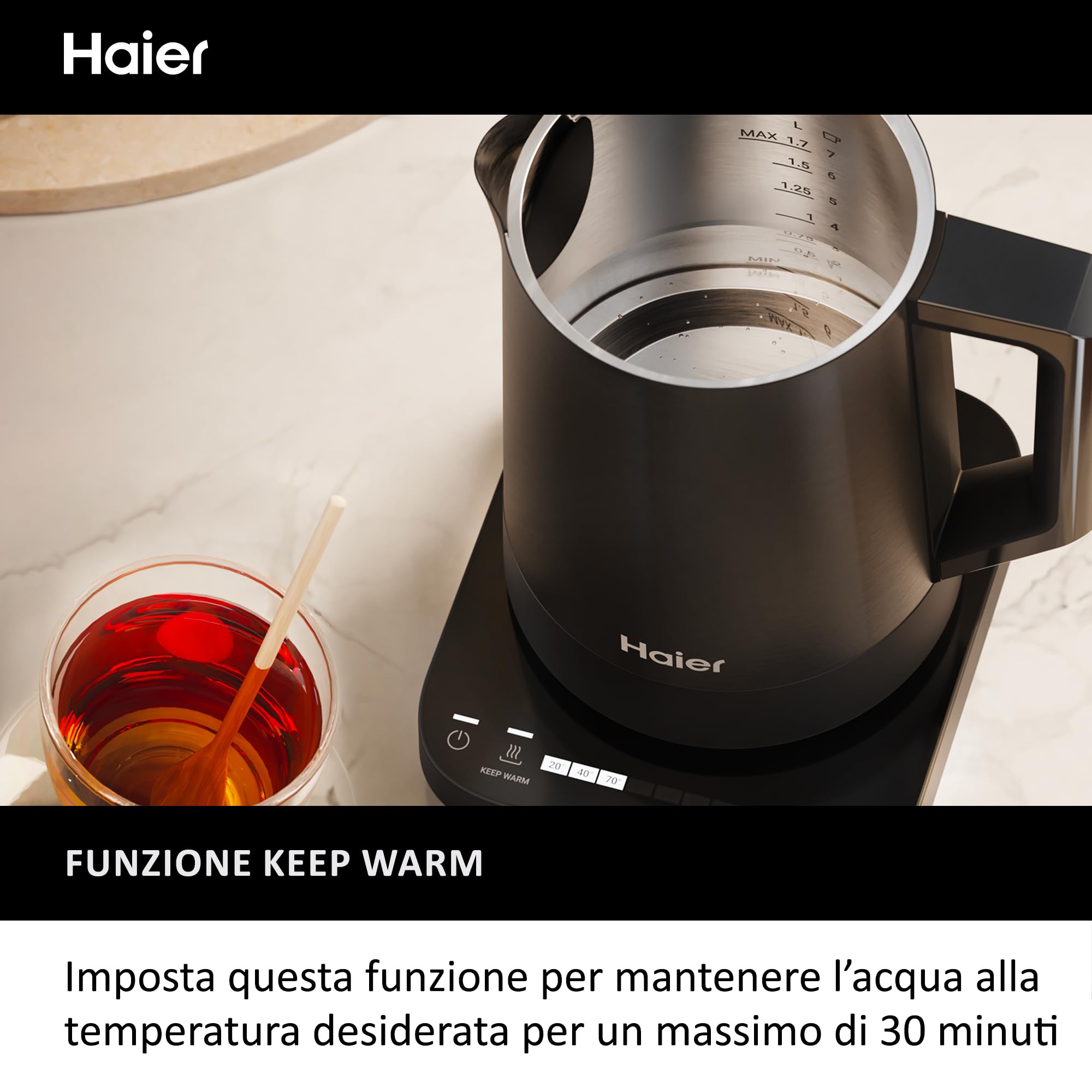 Haier Bollitore I-Master Serie 5, Acciaio inox, Capacità 1,7 L, 7 livelli di temperatura 40-100, Funzione Keep Warm, Bollitura per tazza singola, 2000 W [Nero]