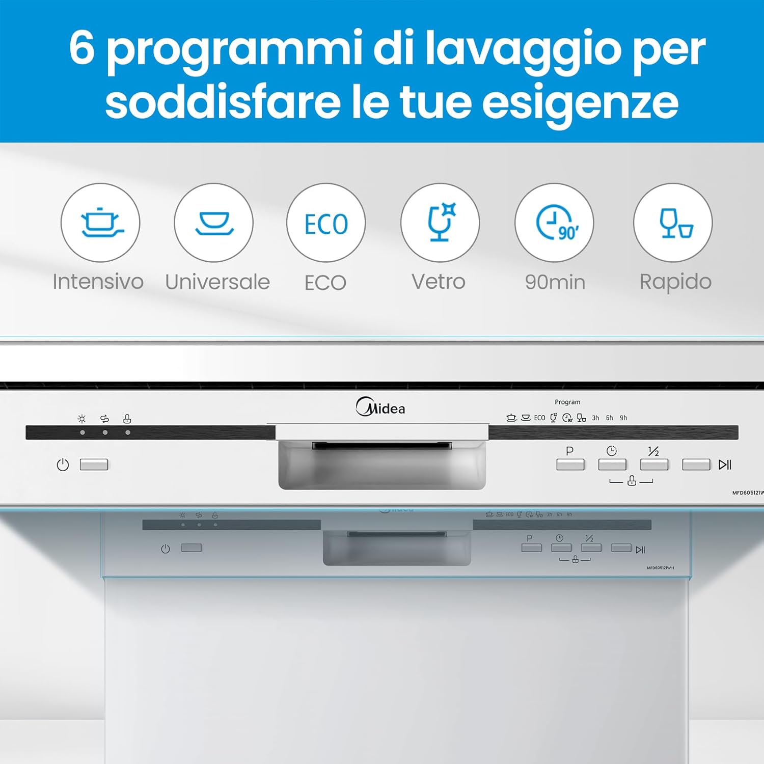 Midea MFD60S121W-IT Lavastoviglie Libera Installazione con 12 coperti, 6 Programmi, Partenza Ritardata, Funzione di Mezzo Carico, 60 cm - Bianco