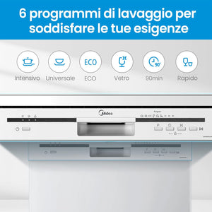 Midea MFD60S121W-IT Lavastoviglie Libera Installazione con 12 coperti, 6 Programmi, Partenza Ritardata, Funzione di Mezzo Carico, 60 cm - Bianco