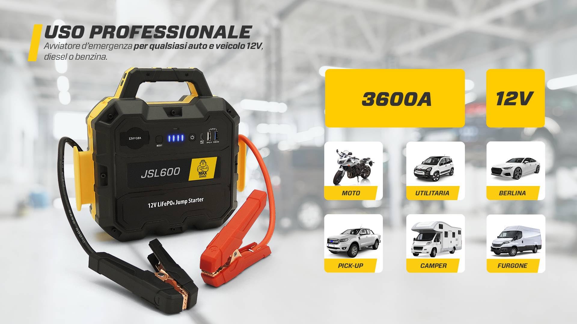 MAXTOOLS JSL400 Avviamento d’Emergenza Professionale per Automobile 2400 A per Veicoli Diesel e a Benzina di Grandi Dimensioni, Potente e Sicuro a 12 V, Batteria al Litio Esterna con USB