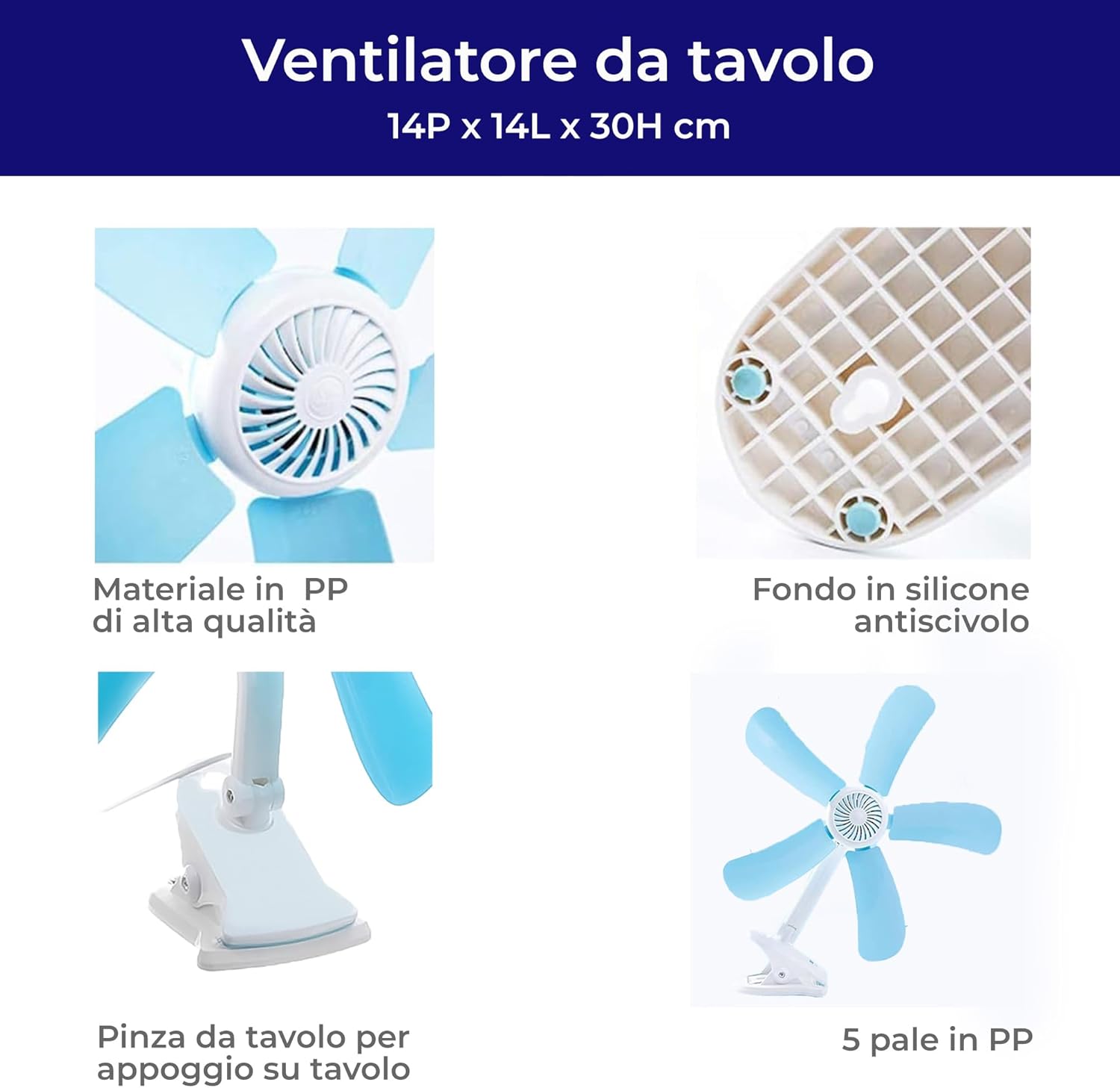 AntDau71® - Piccolo Ventilatore elettrico con Pinza e Doppio Snodo dotato di 5 Pale per Tavolo Scrivania Casa Letto Ufficio