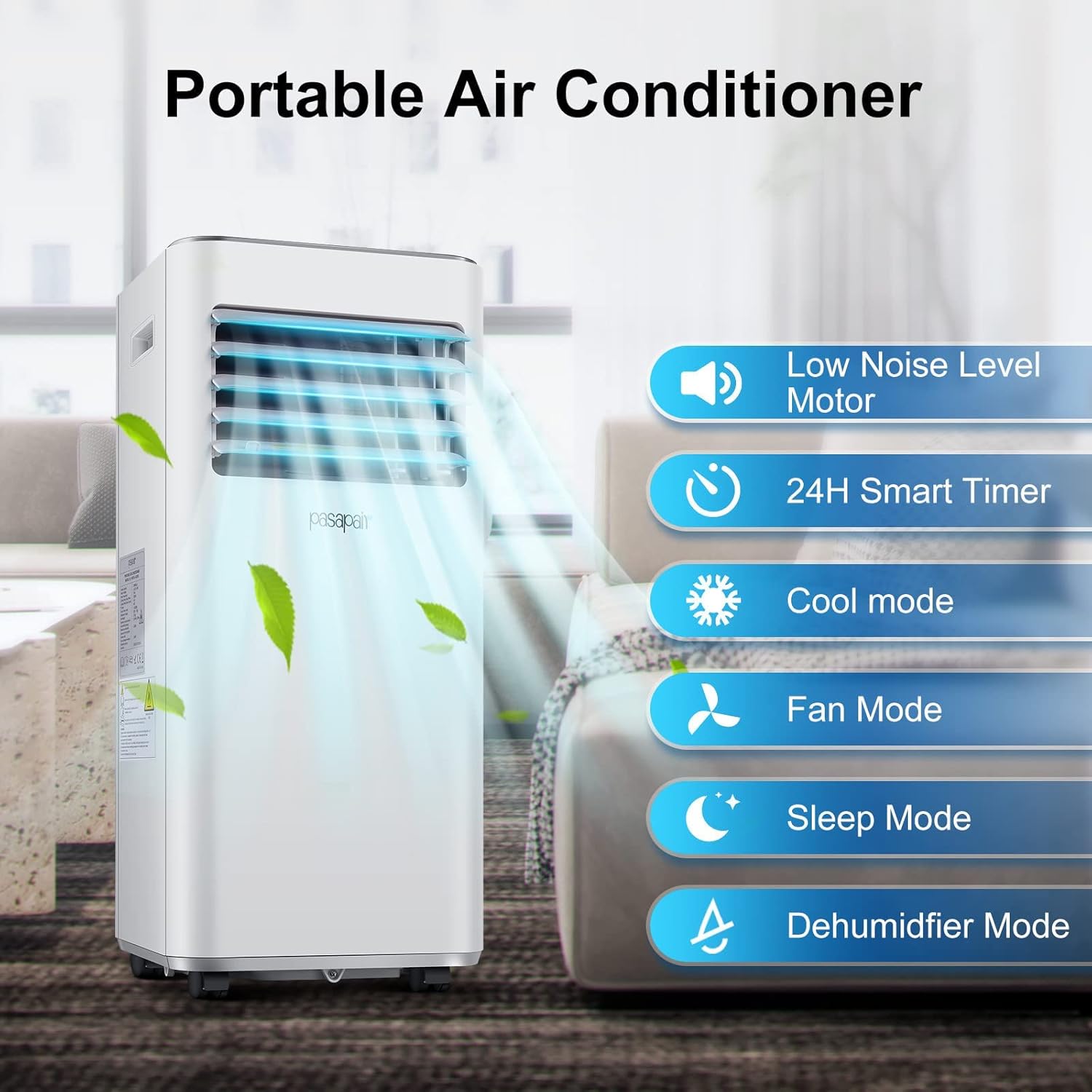 Pasapair Condizionatore Portatile,7000BTU/h,2KW,28㎡/88m³,3-in-1 Aria Climatizzatore Portatile,Raffreddamento,Ventilatore,Deumidificazione,65 Decibel Basso Rumore per Casa,LED