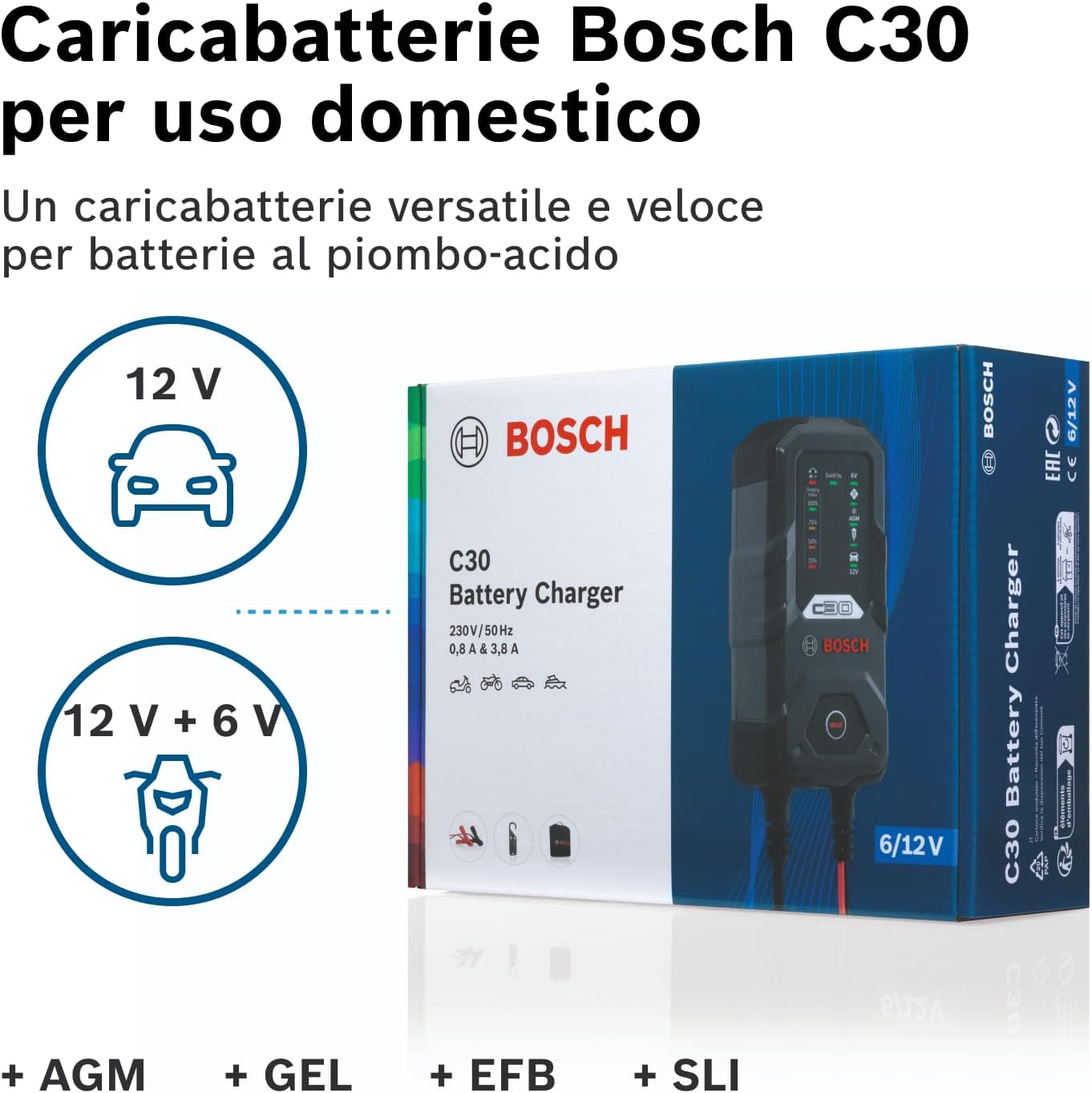 Bosch C30 Caricabatterie per Auto, 6 V - 12 V / 3,8 A, con Carica di Mantenimento - per Batterie al Piombo-Acido, EFB, GEL, AGM e SLI da 6 V/12 V