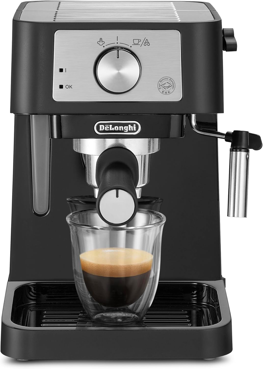 De'Longhi EC260.BK Macchina da Caffè Per Polvere o in Cialde E.S.E., Sistema Latte Manuale, Facile da usare, Serbatoio Estraibile da 1.1 L, Caldaia acciaio inox