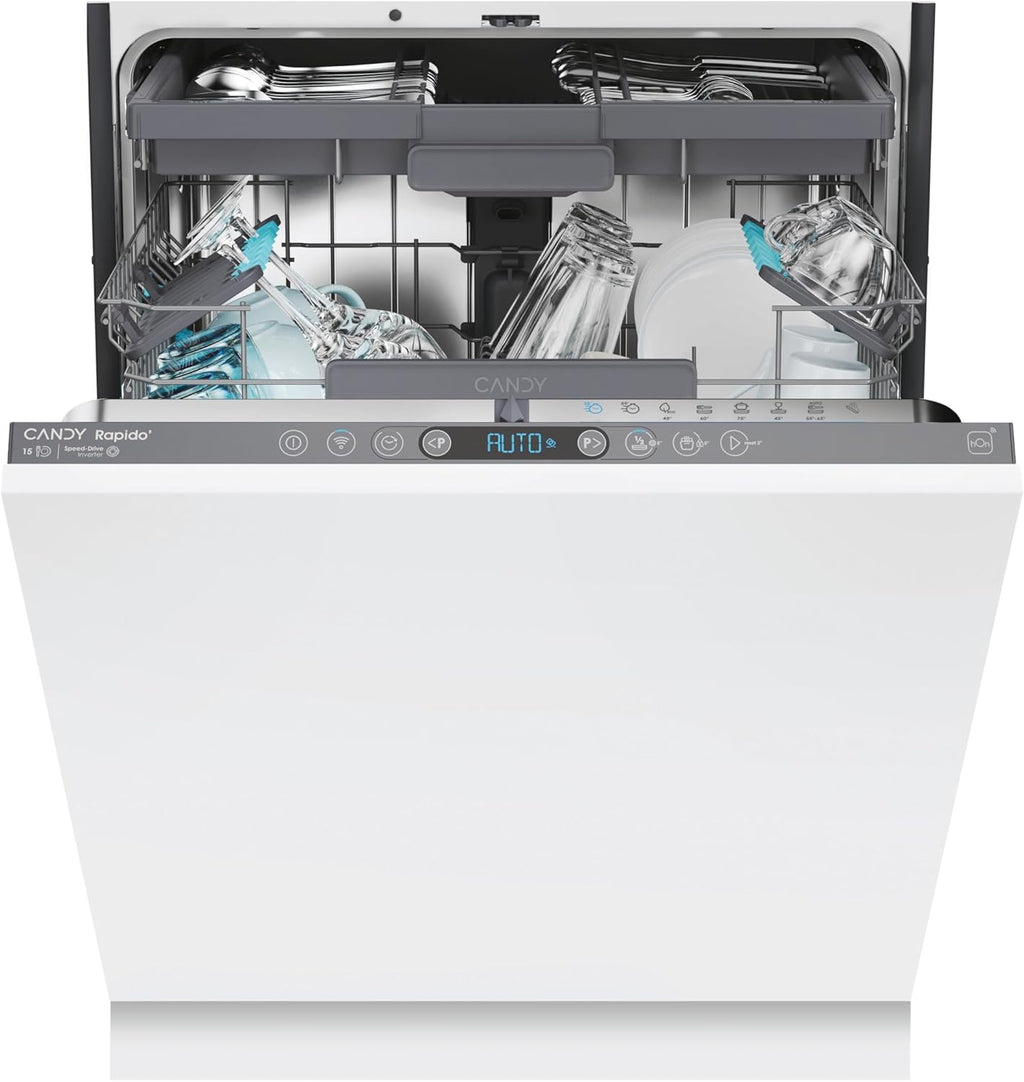 Candy Rapido' Lavastoviglie da Incasso 60 cm, 15 Coperti, 8 Programmi, Wi-Fi + BLE, App hOn, Smart Door, Partenza Ritardata 24h, Motore Inverter, Classe C, 59,7 x 55,5 x 81,8 cm, Bianca - CI 5C6F1A