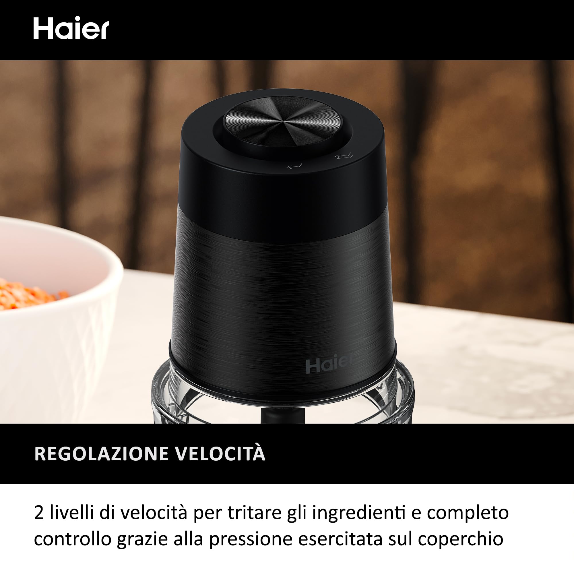 Haier Tritatutto I-Master Series 5, Elettrico 550 W, 2 Velocità, Tritaverdure, Base Antiscivolo, Ciotola in Vetro da 0,5 L, Nero [HCH5B1]