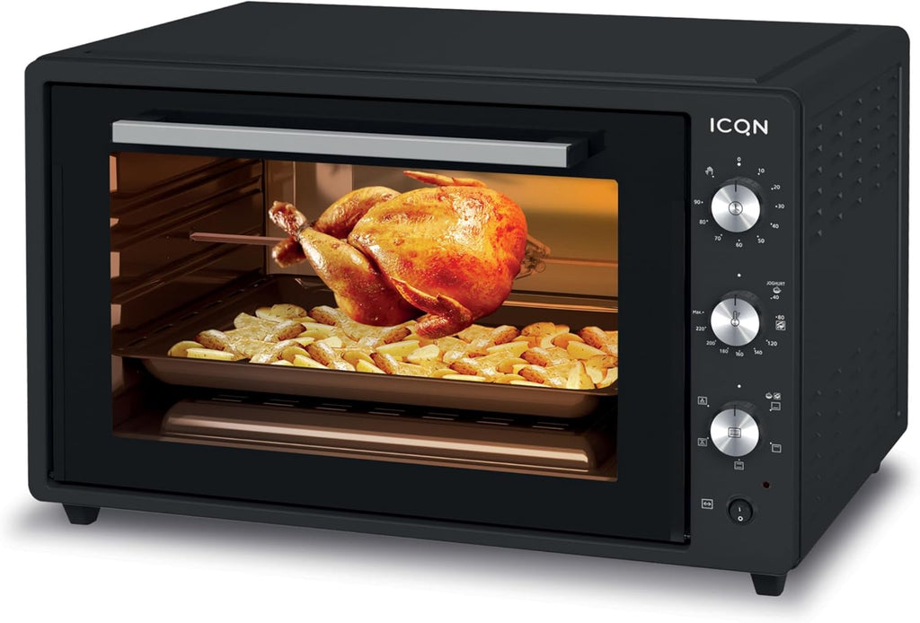 ICQN 60 Litri Mini Forno XXL, Smaltato, Spiedo Girevole, Illuminazione Interna, Ventilato, Forno Per pizza, Doppio Vetro, Funzione Timer, Temperatura da 40° Fino a 230°, 1800 W Nero