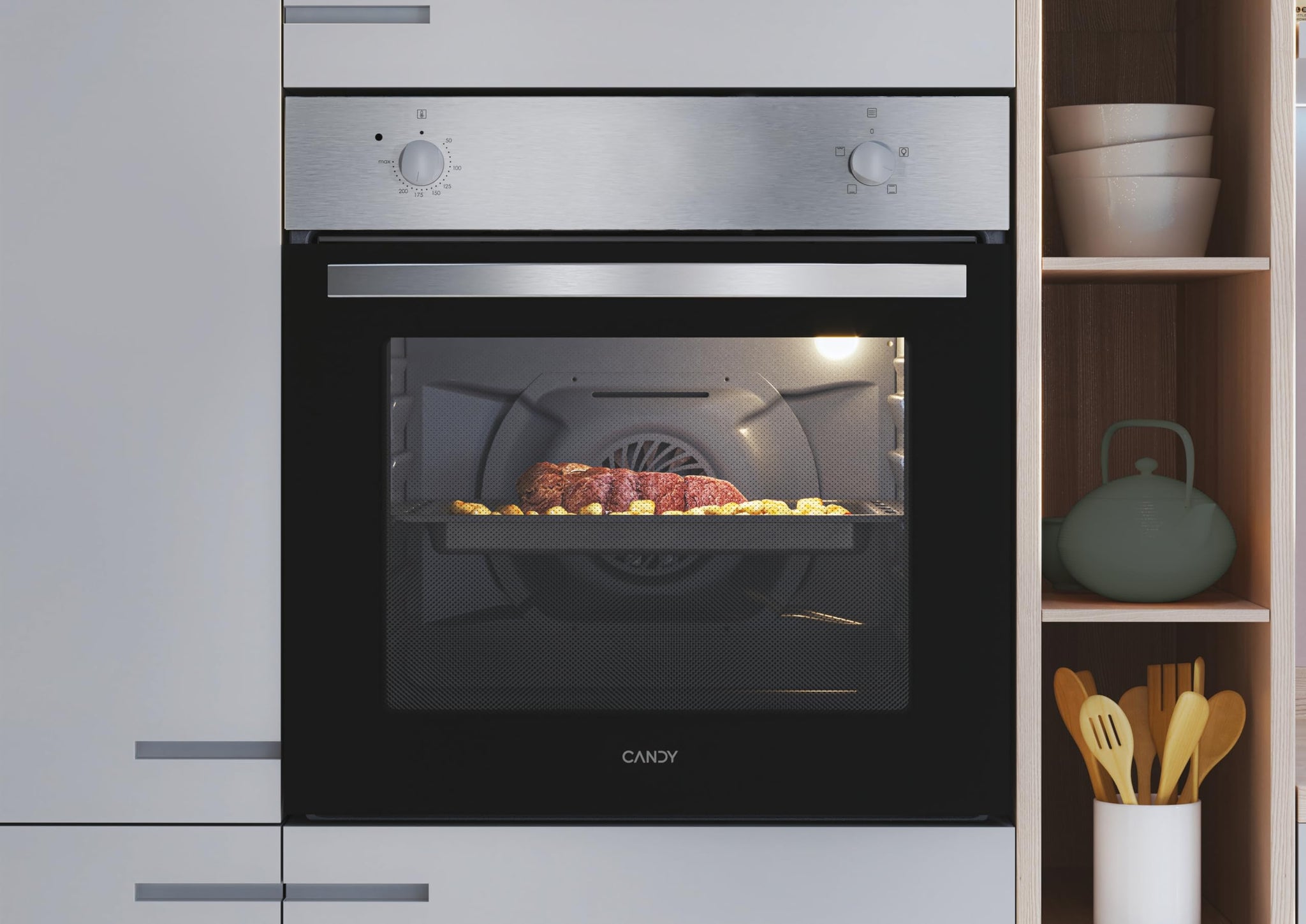 Candy Idea FIDCP X200, Forno Statico, 70L, 2400W, 1 Vassoio e 1 Griglia, Ventilazione Radiale, Pulizia Aquactiva, 4 Funzioni, 2 Telecomandi Meccanici, Porta Doppia Vetro, Inox e Nero