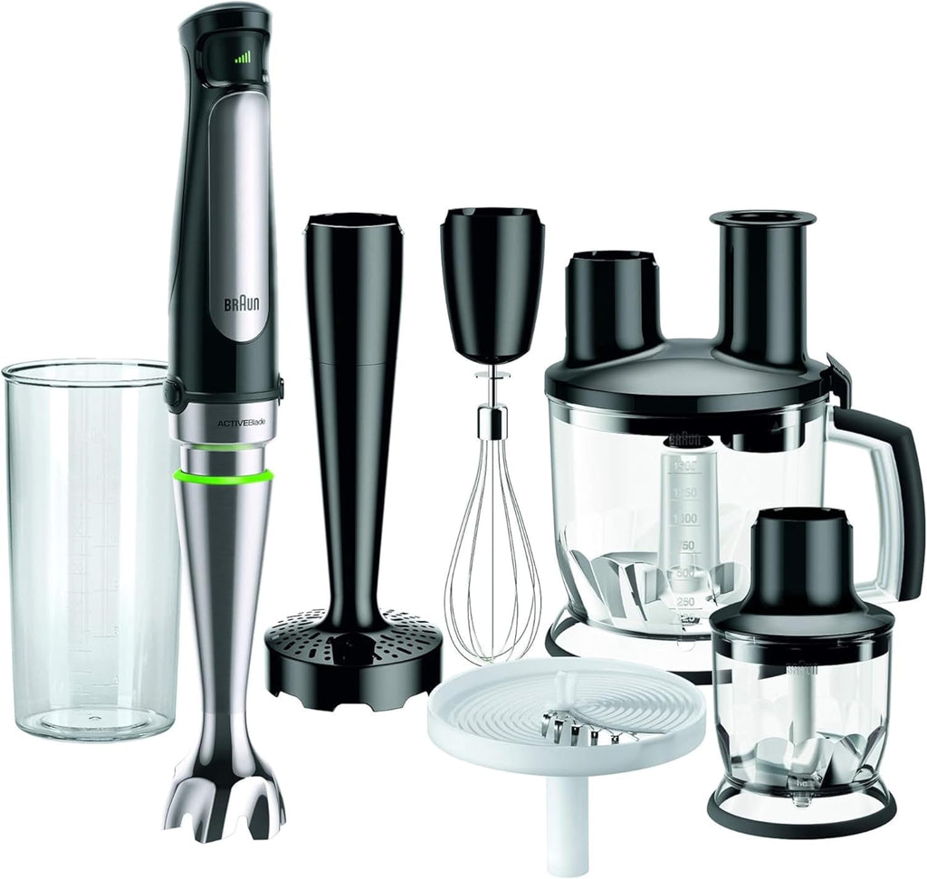 Braun Multiquick7 MQ7087X, Minipimer Frullatore ad Immersione, Dotato di Ciotola Robot da 1,5L, Disco Patatine, Frusta a Filo, Schiacciapatate, Minitritatutto 350ml, e Bicchiere