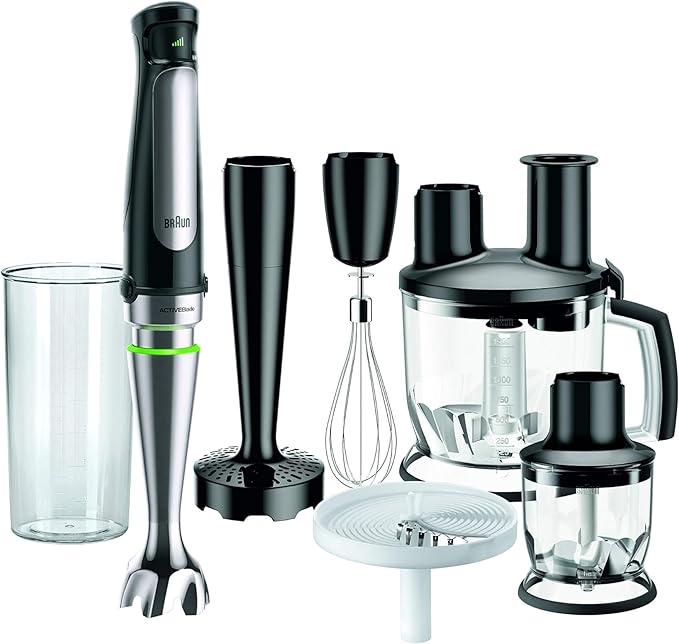 Braun Multiquick7 MQ7087X, Minipimer Frullatore ad Immersione, Dotato di Ciotola Robot da 1,5L, Disco Patatine, Frusta a Filo, Schiacciapatate, Minitritatutto 350ml, e Bicchiere
