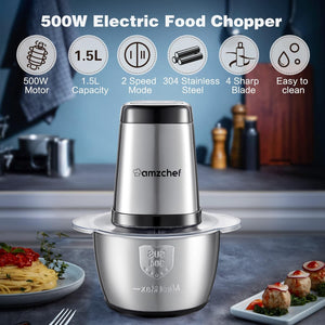 AMZCHEF Tritatutto da Cucina Elettrico, 500W, Mini Tritatutto con Ciotola in Acciaio Inox da 1.5L, 4 Lame Affilate, Multifunzione Tritatutto per Frutta Verdura Carne Spezie