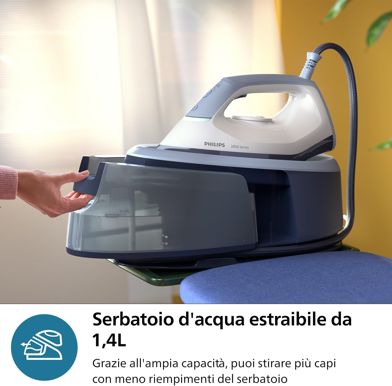Philips Ferro da stiro con Generatore di Vapore Serie 3000, 2400W, 120g/min di Vapore Continuo, Colpo Vapore da 350g, 6 Bar, Vapore Verticale, Piastra in Ceramica, Azzurro Intenso (PSG3000/20)