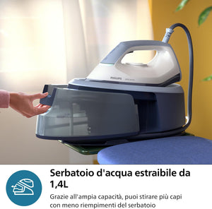 Philips Ferro da stiro con Generatore di Vapore Serie 3000, 2400W, 120g/min di Vapore Continuo, Colpo Vapore da 350g, 6 Bar, Vapore Verticale, Piastra in Ceramica, Azzurro Intenso (PSG3000/20)