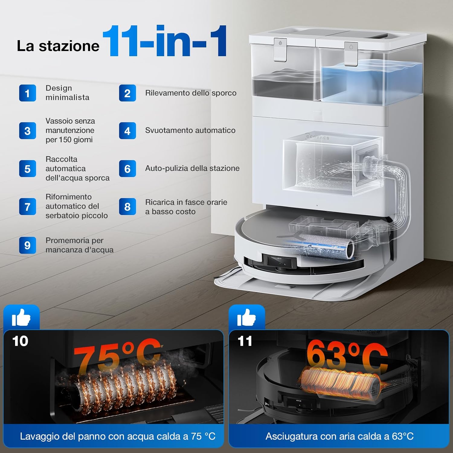 ECOVACS DEEBOT X8 OMNI Robot Aspirapolvere Lavapavimenti con Stazione Auto-Pulente, 18000Pa, Spazzola OZMO ROLLER Auto-Lavaggio Mocio Istantaneo con Acqua Calda a 75℃, Asciugatura Aria Calda, Bianco