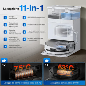 ECOVACS DEEBOT X8 OMNI Robot Aspirapolvere Lavapavimenti con Stazione Auto-Pulente, 18000Pa, Spazzola OZMO ROLLER Auto-Lavaggio Mocio Istantaneo con Acqua Calda a 75℃, Asciugatura Aria Calda, Bianco