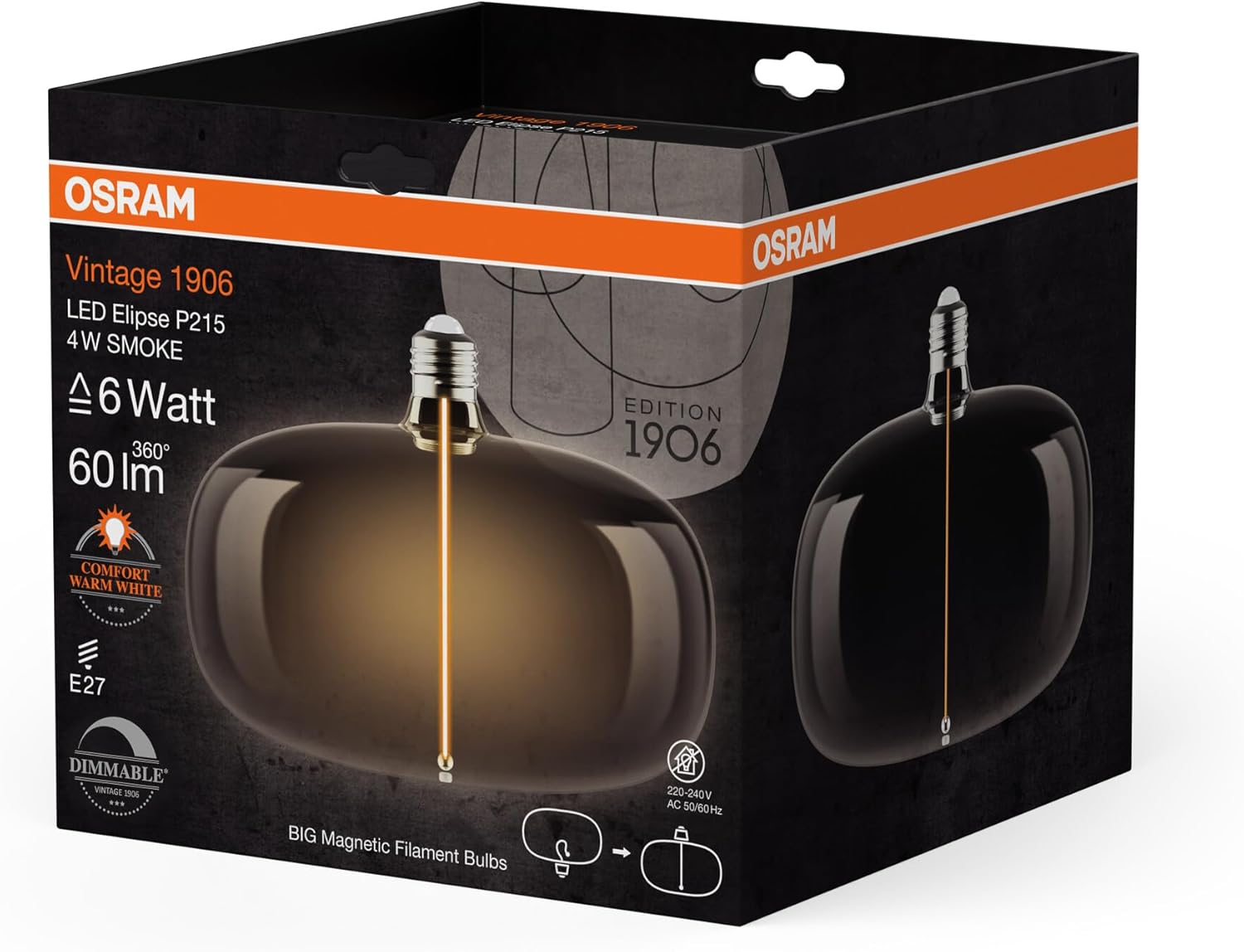 OSRAM Vintage 1906 Big Elipse è una lampada LED dimmerabile con filamento a forma di ellisse. Offre 4 W per 60 lm, attacco E27, design fumé, diametro 215 mm, resa cromatica CRI 80, 1800 K.