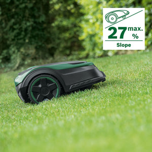 Bosch Home and Garden Indego S+ 500 robot lawnmower (with 18V battery and app function, charging station included, cutting width 19 cm, for lawns up to 500 m², in box), black, green
