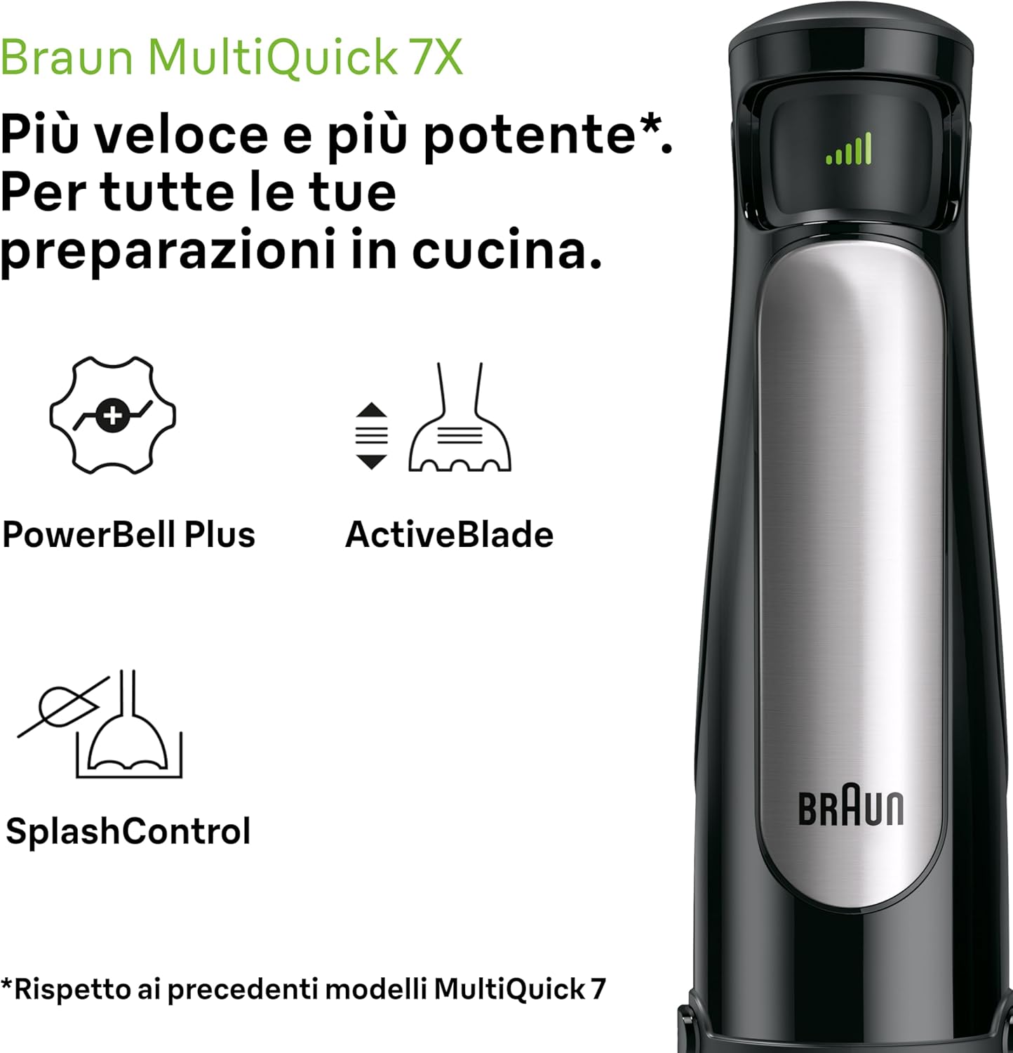 Braun Multiquick7 MQ7087X, Minipimer Frullatore ad Immersione, Dotato di Ciotola Robot da 1,5L, Disco Patatine, Frusta a Filo, Schiacciapatate, Minitritatutto 350ml, e Bicchiere
